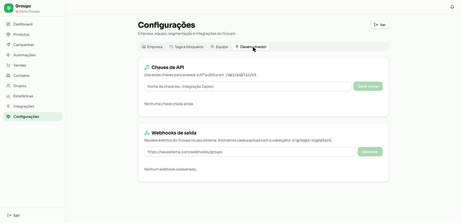 Aba Desenvolvedor das Configurações do Groupz com o bloco Chaves de API e o bloco Webhooks de saída