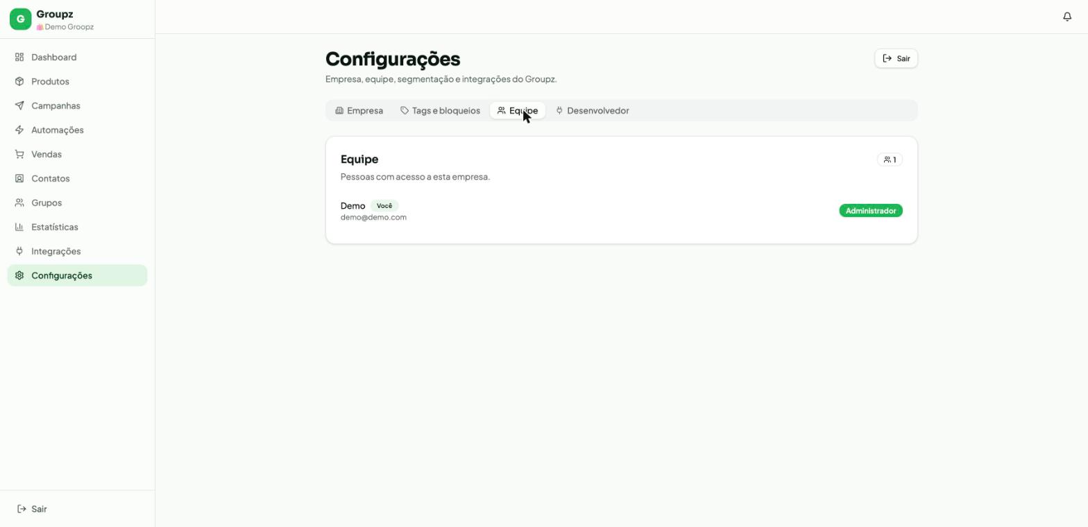Aba Equipe das Configurações do Groupz mostrando um membro chamado Demo, com etiqueta Você e papel Administrador