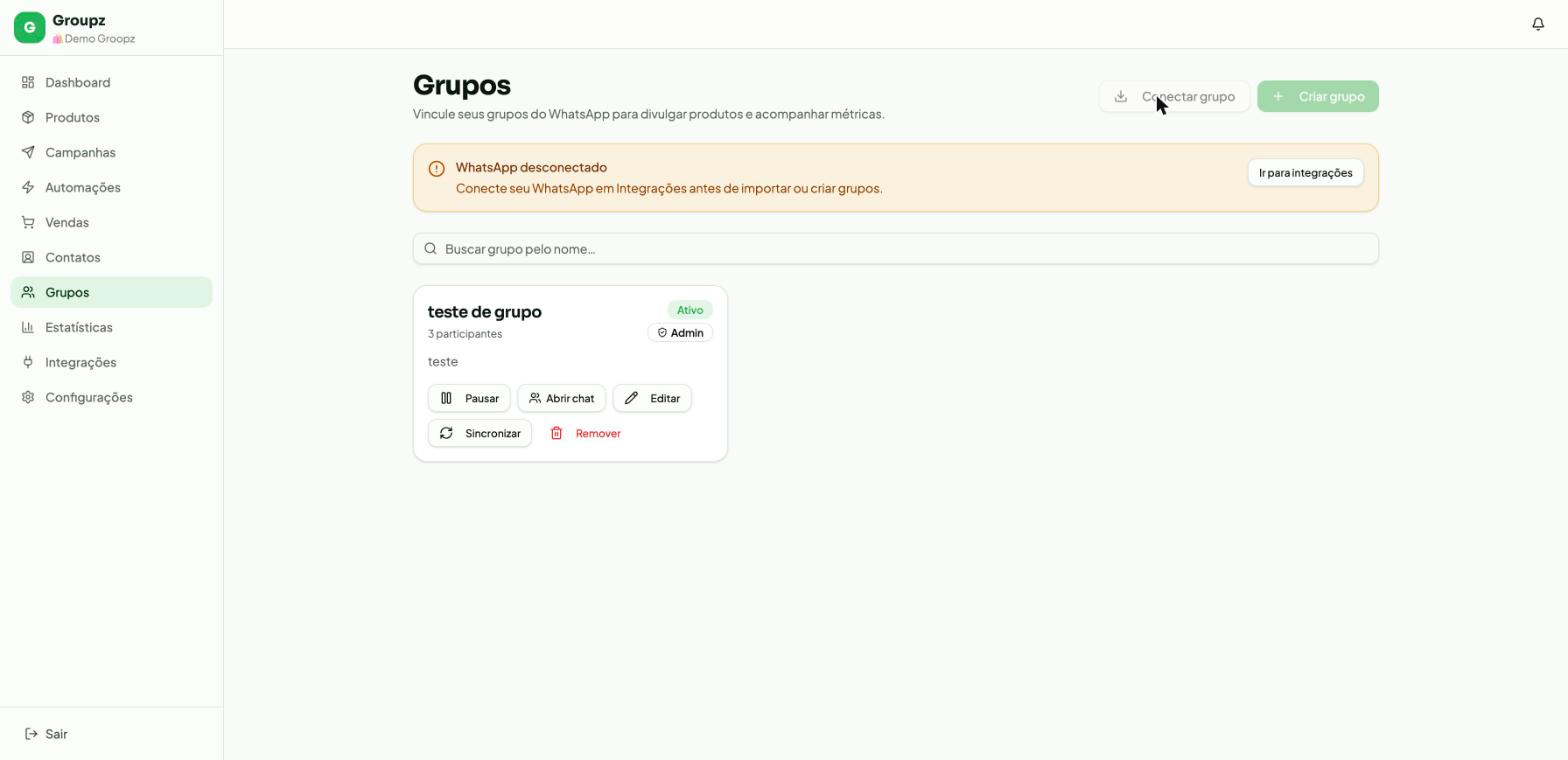 Painel de Grupos do Groupz com aviso 'WhatsApp desconectado' e os botões Conectar grupo e Criar grupo desabilitados (acinzentados)