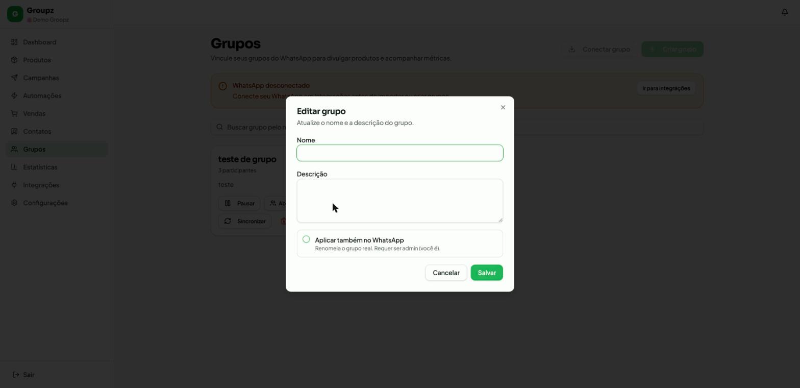 Modal Editar grupo do Groupz com campos Nome, Descrição e opção Aplicar também no WhatsApp