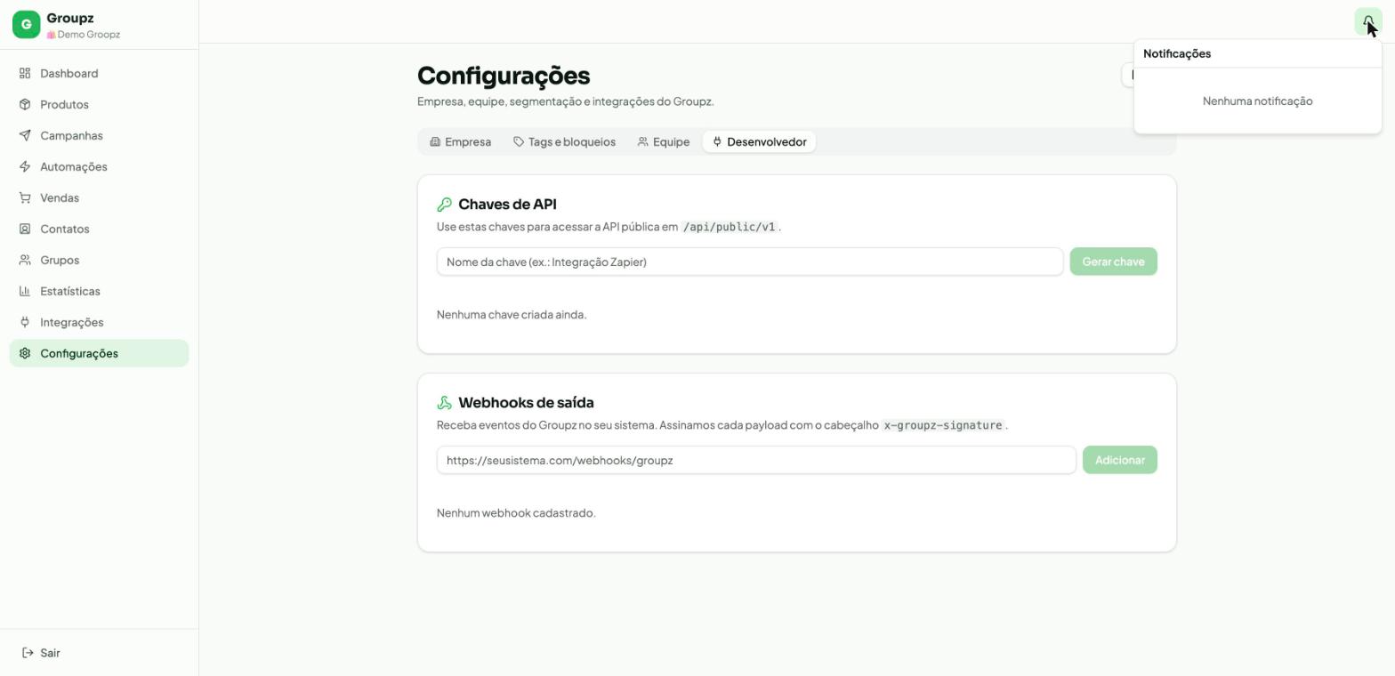 Painel de notificações do Groupz, aberto a partir do sino no cabeçalho, mostrando a mensagem 'Nenhuma notificação'
