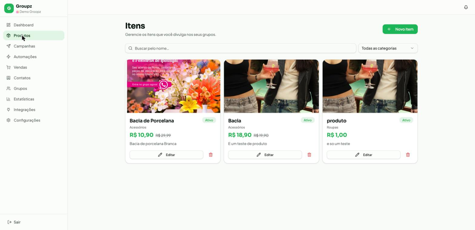 Listagem de produtos do Groupz mostrando três cartões de produto com imagem, nome, preço e botões Editar e Excluir