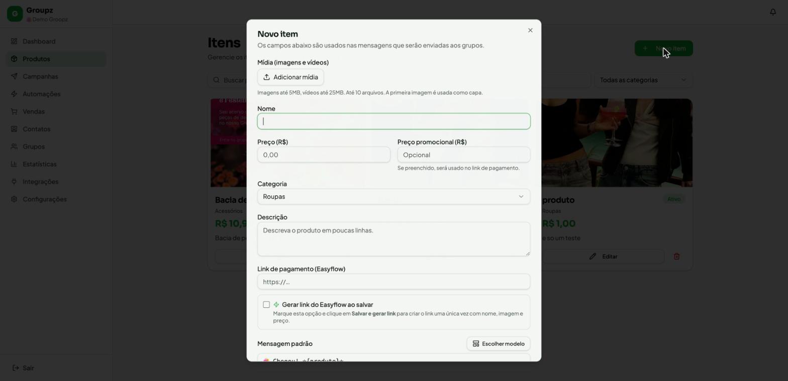Modal Novo item do Groupz com campos para mídia, nome, preço, preço promocional, categoria, descrição e link de pagamento Easyflow